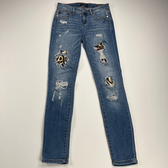 Judy Blue Mid Rise Skinny Fit Distressed Jeans Leopard Insets 8265MD Size 5/27 - Picture 2 of 14